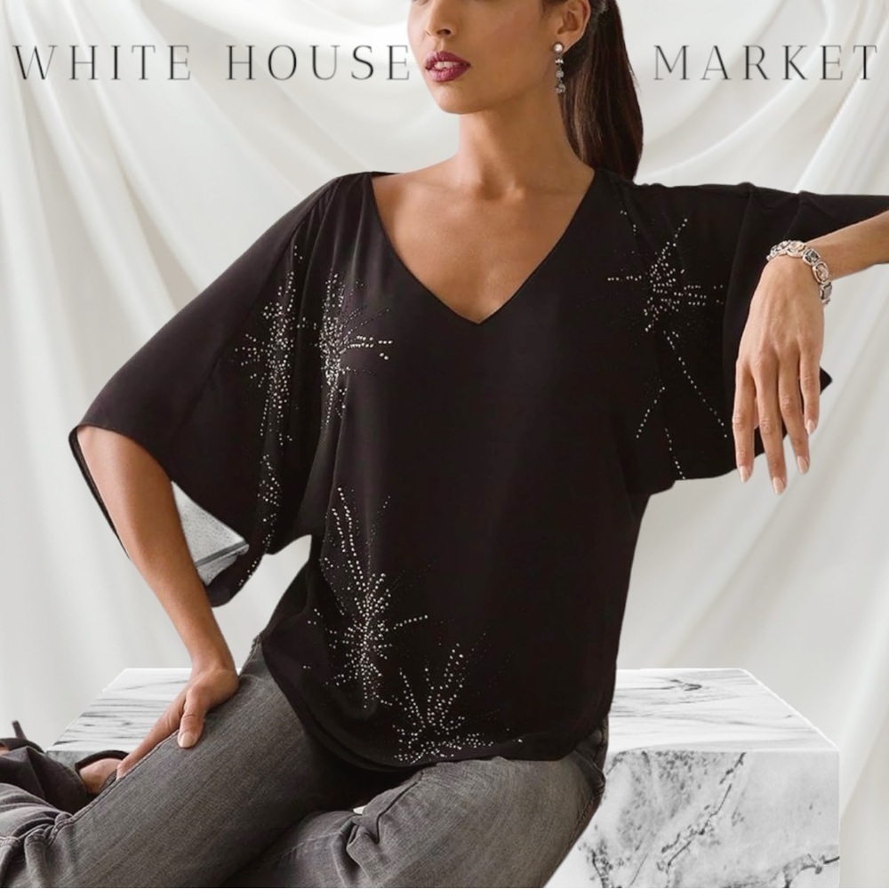 White House Black Market Black & Silver Embellished Kimono Sleeve Blouse Size XS
